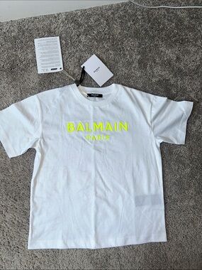 Balmain White Short Sleeve Tee kids tshirt size 6 with Neon Yellow Logo